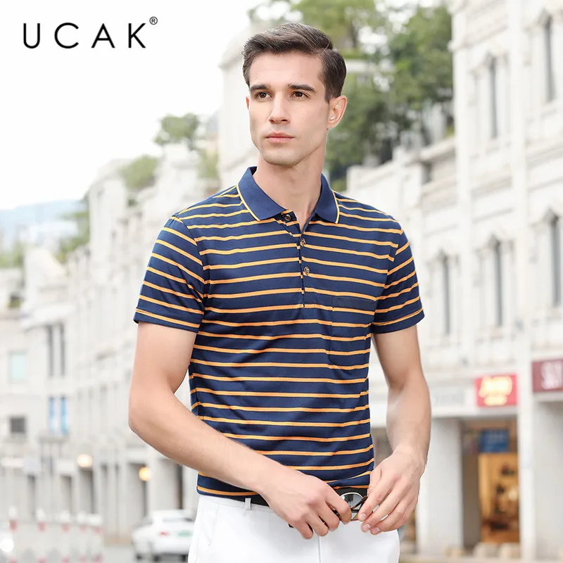 

Бренд UCAK, летняя полосатая футболка, Мужская одежда, уличная одежда, высокое качество, короткий рукав, рубашка с отложным воротником, мужска...