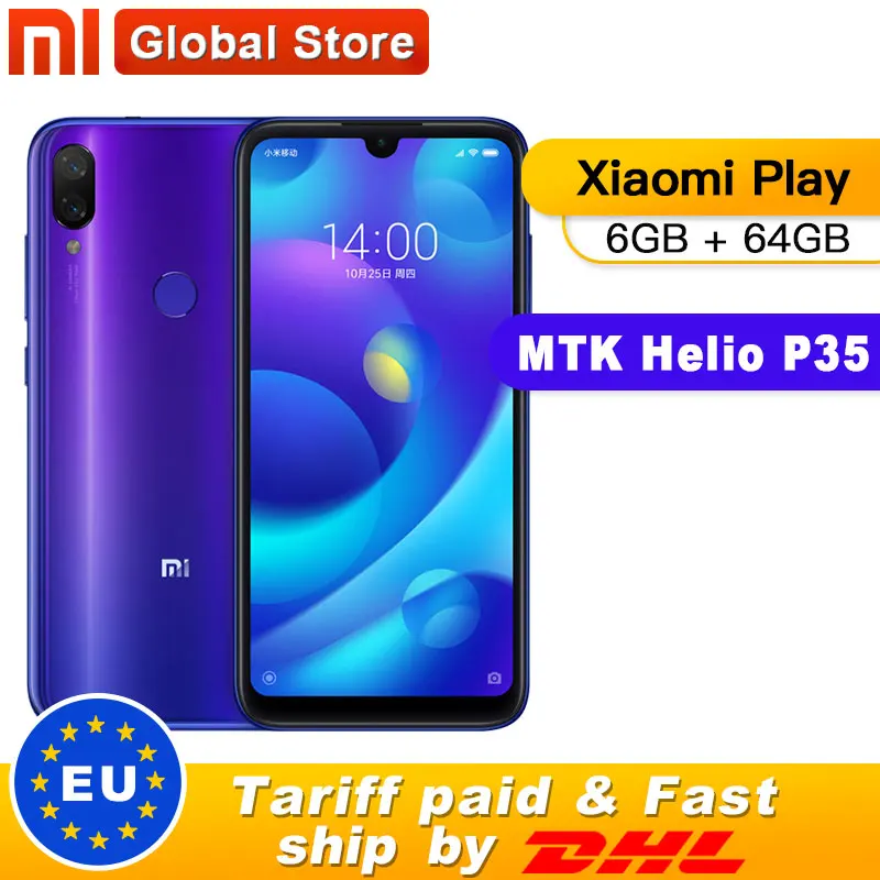 Xiaomi Mi Play 6 ГБ 64 Гб телефон MTK Helio P35 Восьмиядерный телефон двойной 12MP+ 2MP AI камера 5,8" 19:9 полный экран