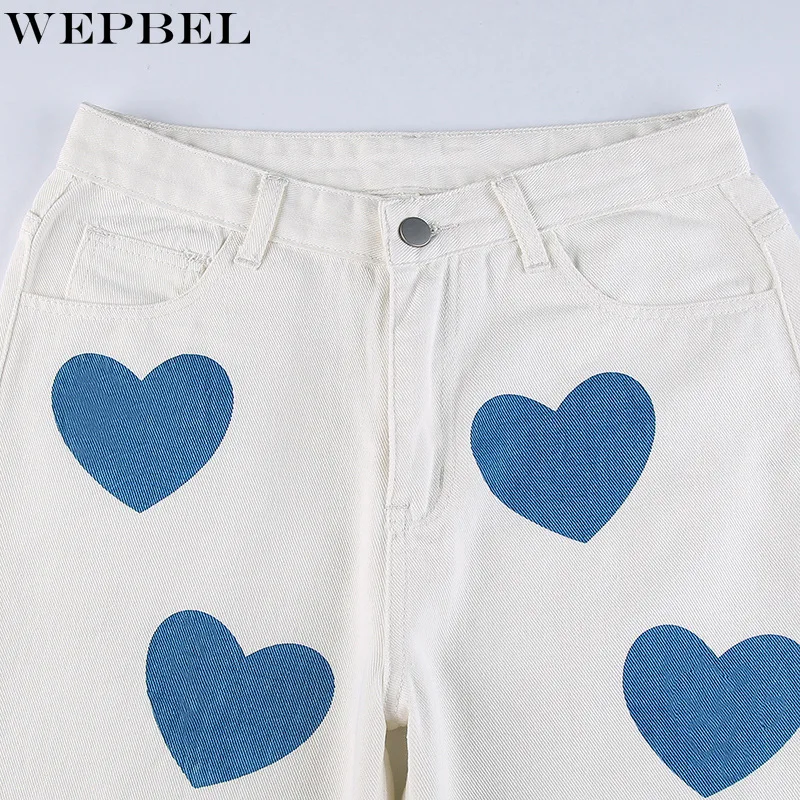 

WEPBEL Women Heart Print Straight Jeans Ladies High Waist Harajuku Loose Denim Pants Streetwear 90s Long Trousers