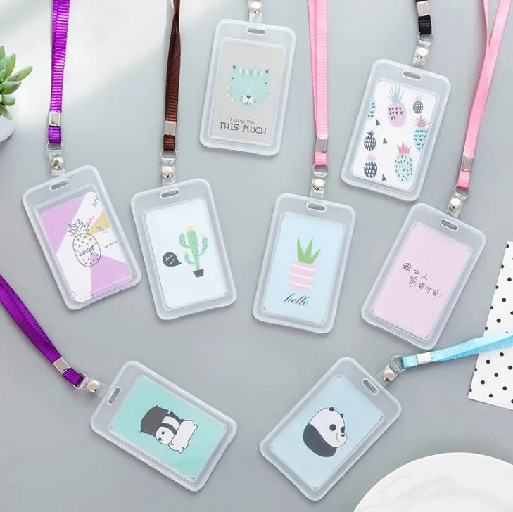 1pc random design Милый мультяшный карамельный цвет из искусственной кожи держатель для карт со шнурком Кролик для девочек Kawaii автобус Чехол для карт значок кредитный держатель для карт s Обложка - Цвет: 1pc random design