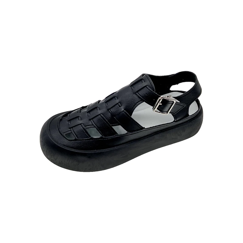 

2021 Summer New Flat Sandals Women Thick Bottom Buckle Straps Front Back Straps Solid Color Hollow Out Casual Walking Shoes