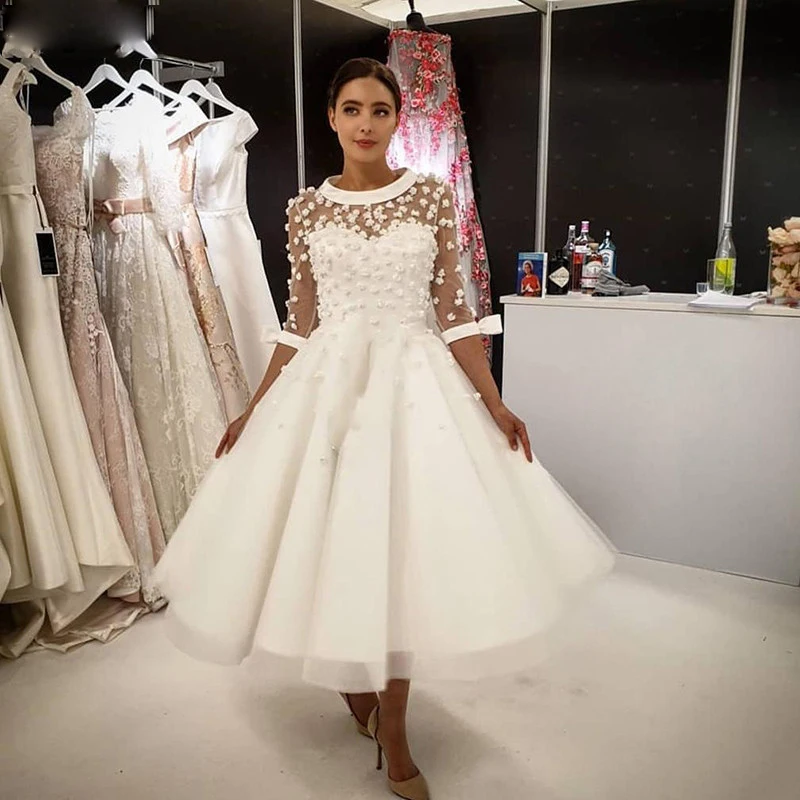 

A Line O Neck 3/4 Sleeves Bow Sashes Tea Length Bridal Gowns Custom Made Vintage Short Wedding Dresses 2020 Vestido De Novia
