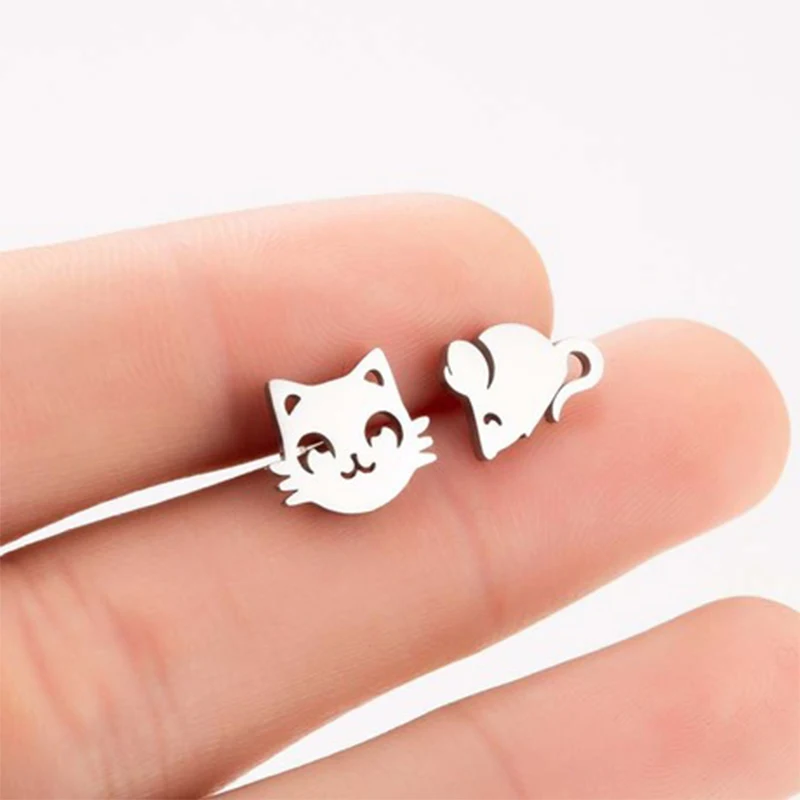 

Stainless Steel Earrings For Girls Cute Jewelry Cat Mouse Asymmetric Minimalist Unique Ear Stud Special Mini Hollow Earring