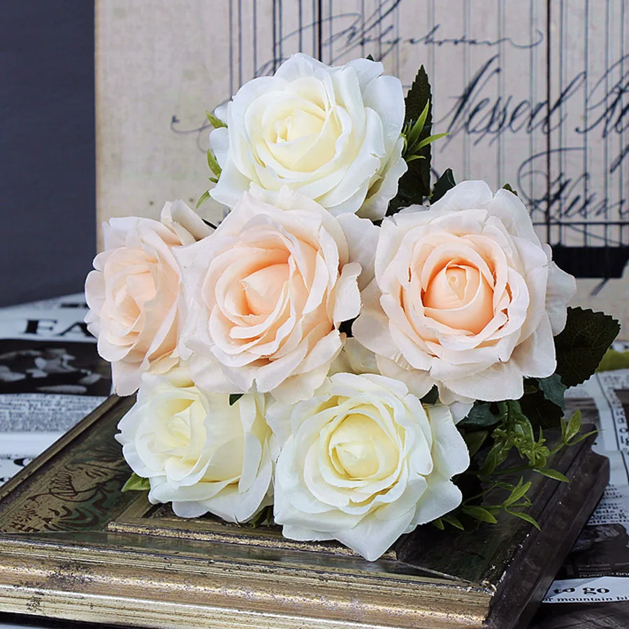 Букет искусственных цветов белая роза Шелковый букет высокого качества большая