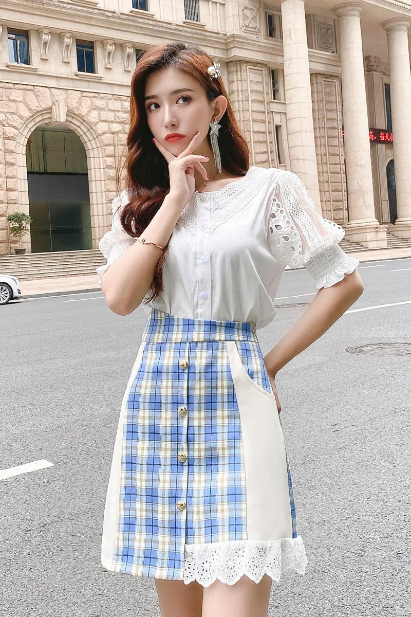 

Houthion Women's Skirts New Casual Fashion Slim Plaid Printing , Mini Empire A-Line Skirt Spring/summer Lace Splicing Above Knee