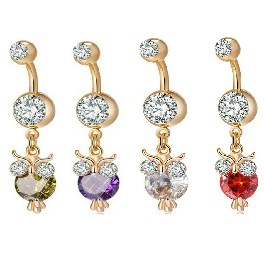 

20pcs/lot Cute Crystal Owl Navel Belly Ring Gold-Color Double Gem Dangling Piercing Ombligo for Woman Gift