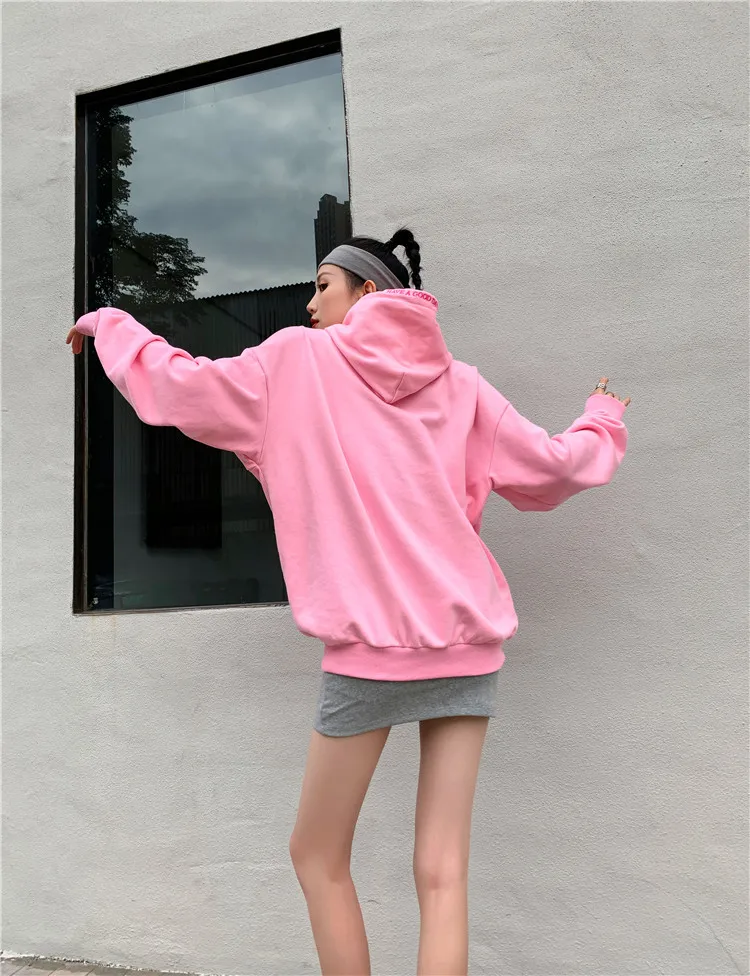 

Pink Hoodies Women Heart Embroidery Sweat Capuche Femme Hooded Loose Womens Tops for Teen Girls Oversized Clothing Coat XC227