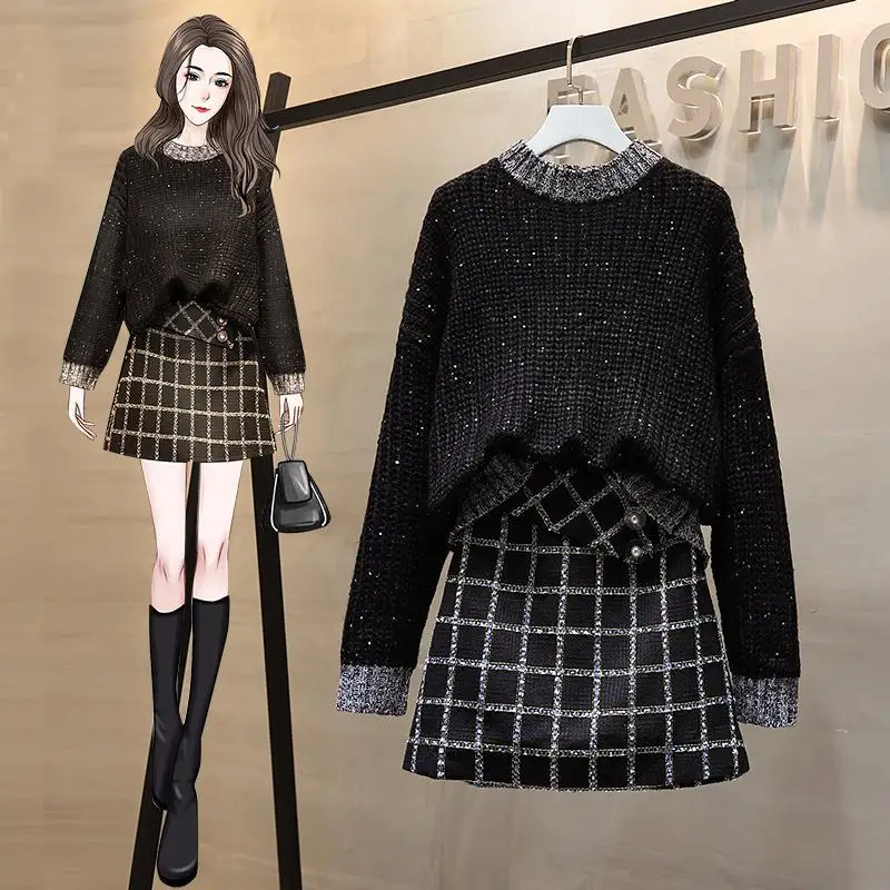 

2021 Winter Fashion High Quality Sweater and Plaid Skirt Two Piece Set Women Long Sleeve Knitted Pullover Tops Woolen Skirt Y371