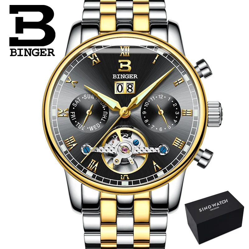 steel Cgold black Двойной турбийон, швейцарские часы Бингер, оригинальные мужские автоматические часы, модные мужские механические наручные часы с кожаным ремешком - Цвет: steel Cgold black