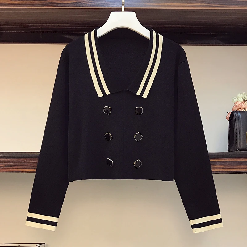 Плюс размер Осень зима элегантный вязаный свитер укороченный топ и мини юбка