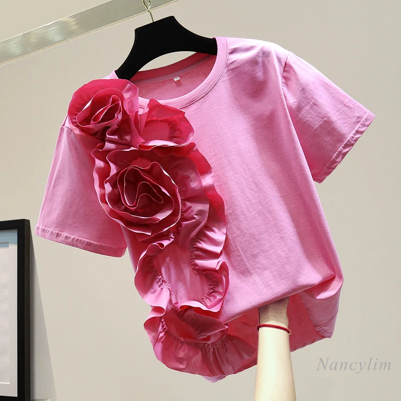 

Three-Dimensional Flower T-shirt Woman 2021 Summer Korean Style Loose Personality Ruffled Top Shirt Camisetas De Mujer