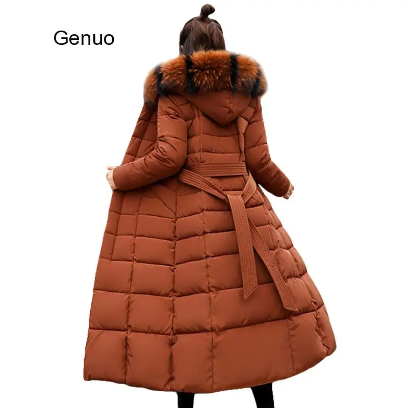 Fashion Winter Jacket Women Big Fur Belt Hooded Thick Down Parkas X-Long Female Jacket Coat Slim Warm Winter Outwear