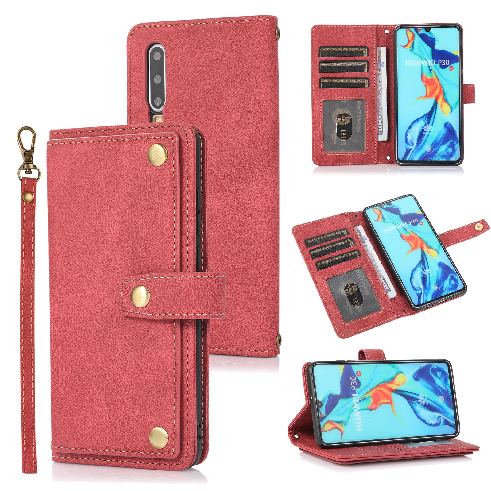 

Pu Leather Flip Phone Case For Huawei P30 Pro TPU Liner Cover For Huawei P30 Lite Wallet Card Slots Stand Case With Lanyard
