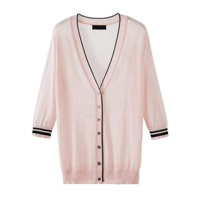 

V-neck Ice Silk Cardigans Women Spring Autumn Knitted Sweater Thin Black White Ladies Casual Knitting Coats Cardigan Femme X252