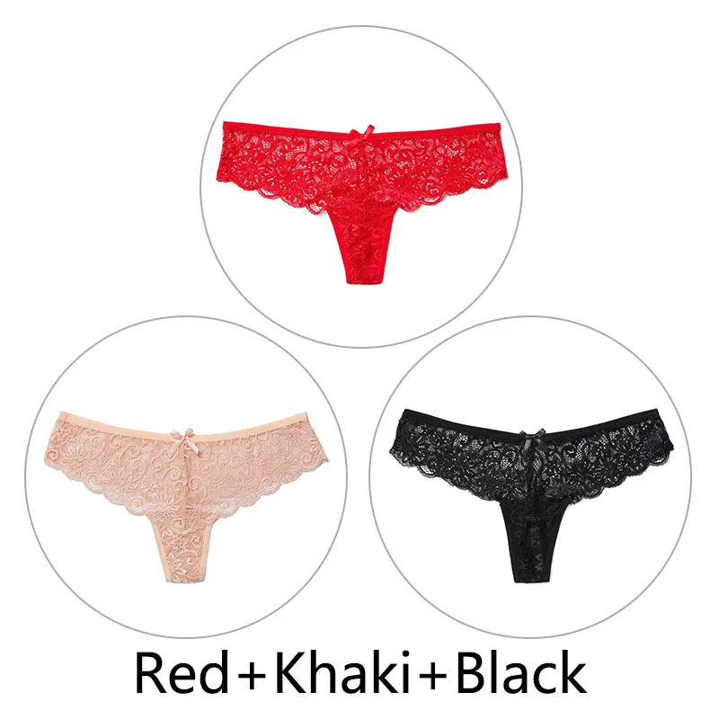 Red Khaki Black 3 шт., сексуальные кружевные трусики женские стринги и стринги, открытая низкая талия, нижнее белье, прозрачные танга, женское нижнее белье, дышащее - Цвет: Red Khaki Black