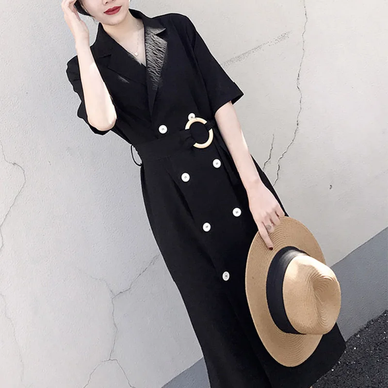 

Винтажное женское платье с отложным воротником, коротким рукавом и поясом, Новинка лета 2021, облегающее однотонное офисное женское платье с ...