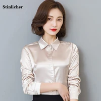 stinlicher satin silk shirt women spring autumn long sleeve elegant work wear tops korean fashion white blue black blouse shirt