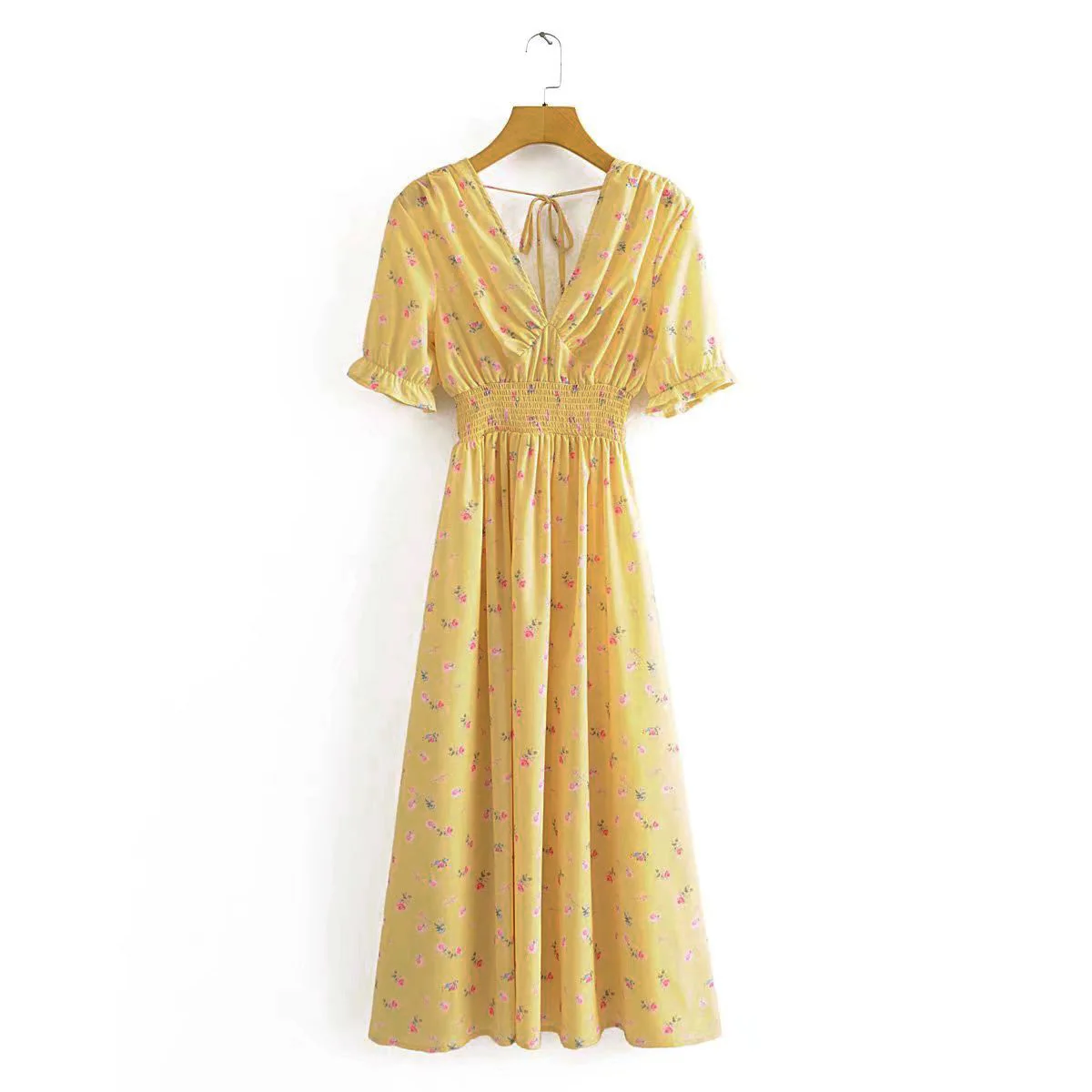 

MESTTRAF Women 2021 Sexy Flower Print Elastic Waist Back Tie Midi Vestidos Vintage Short Sleeve High Street Female Dresses