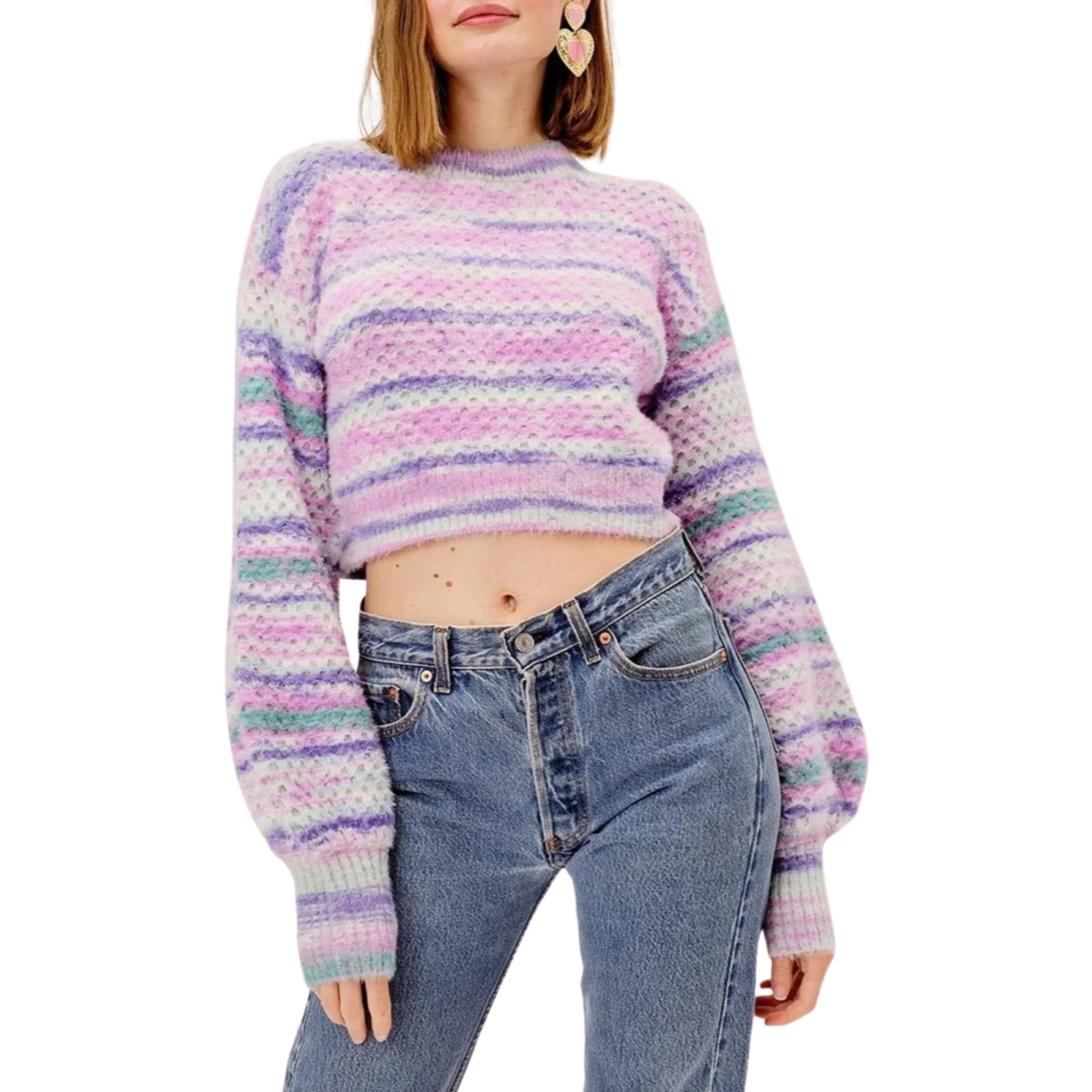 

Autumn Women\u2019s Casual Fashion Long Sleeve Sweater Tie-dye Round Neck Loose Short Style Knitwear