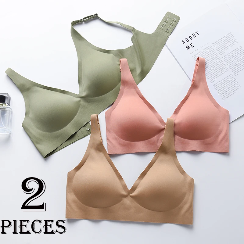 

2pcs Plus Size Seamless JELL-O Strips No Steel Ring Bra Deep V Latex Cup Thin Comfortable Breast Lift Adjustable Underwear Women
