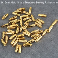 4x15mm sew on glass sharp teardrop rhinestones with holes gold aurum drop stone gold base claw for sewing craft dress decoration