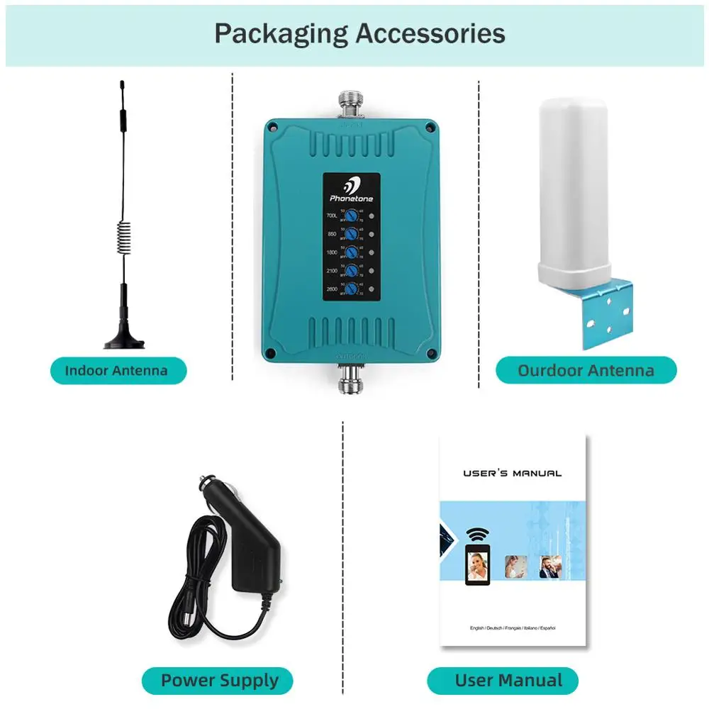 

Car use 2G 3G 4G Cellphone signal booster 700/850/1800/2100/2600MHz 5 Band mobile phone Repeater for enhance GSM Voice/LTE Data