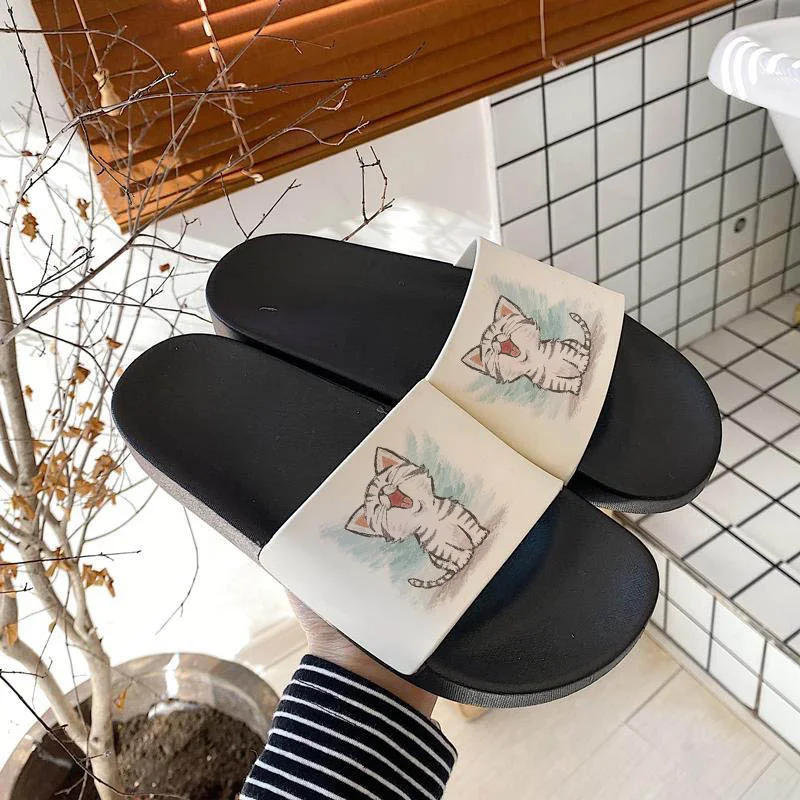 

Kawaii and naughty cat pattern print Indoor Bedroom Home Shoes ladies 2021 women slippers Outdoor Indoor Home Non-slip Slides