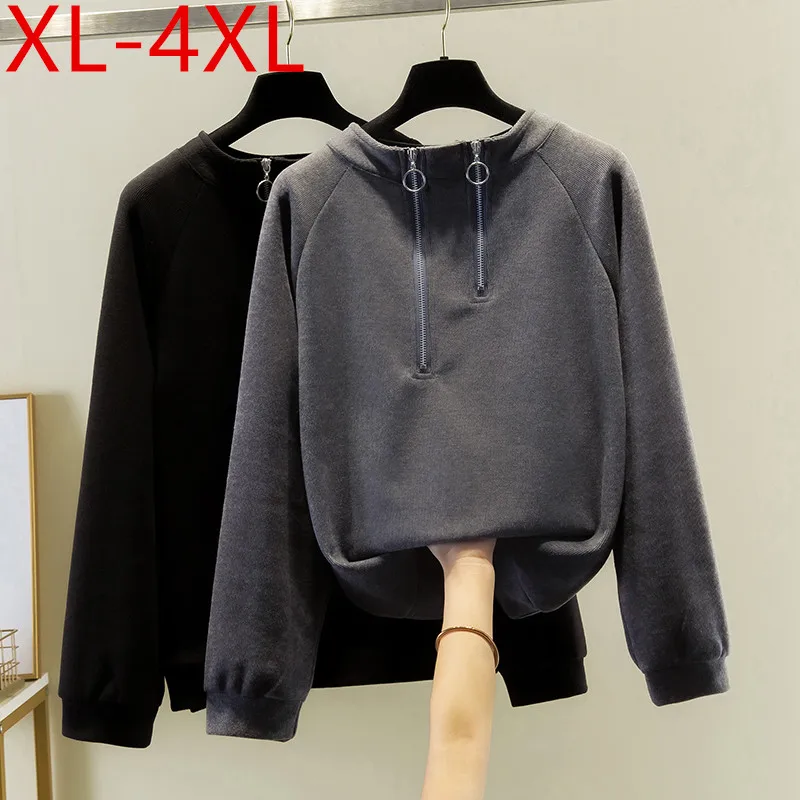 

Spring Autumn Plus Size Women Long Sleeve Zipper Design Cotton T-shirt Large Loose Casual Tops Tees XL 2XL 3XL 4XL