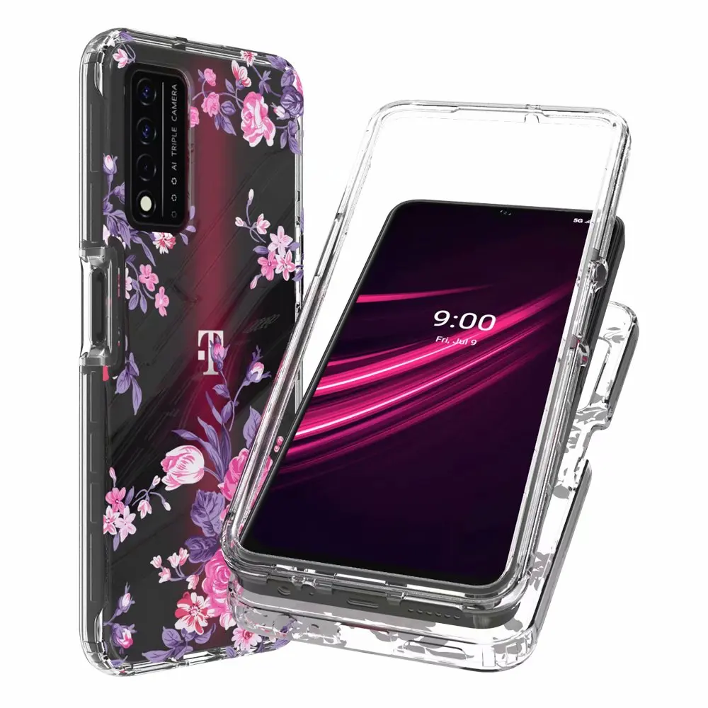 Case for T-Mobile REVVL V+ 5G Hard PC Bumper + Soft TPU Full Protective 2 in 1 Clear Fancy Flower Skin Back Phone Cover REVVL V+