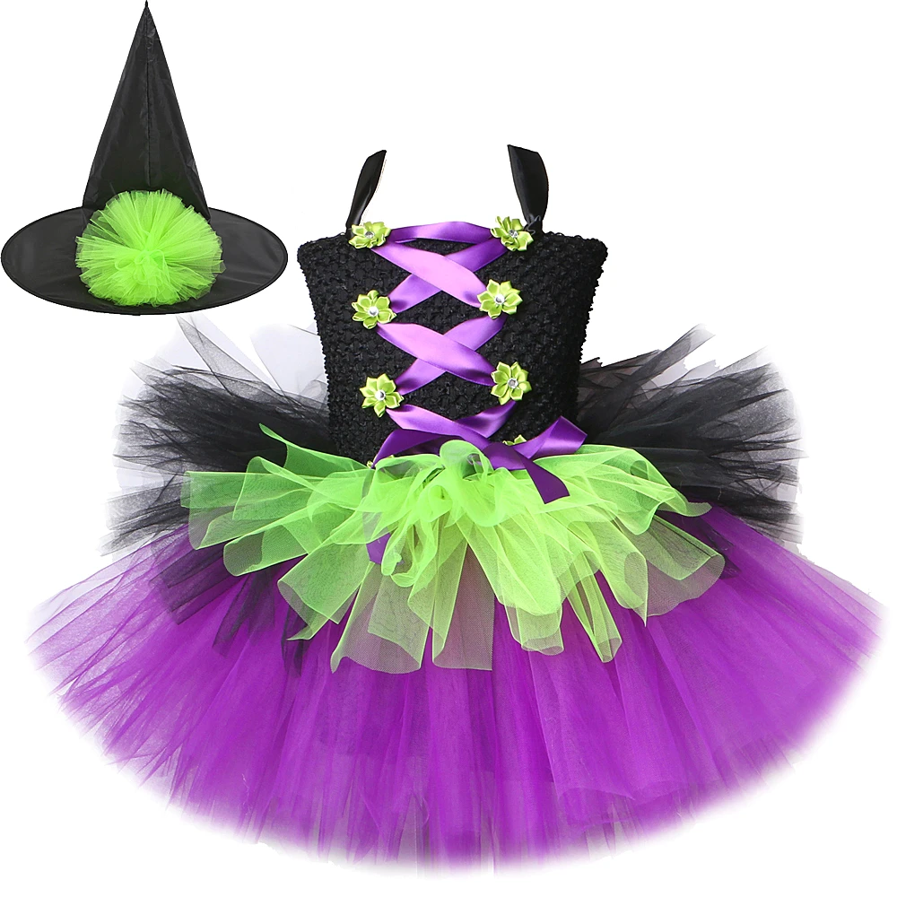 Disfraz de Halloween de bruja para niñas, tutú con sombrero, disfraces de Cosplay de carnaval, atuendo esponjoso, vestido de baile