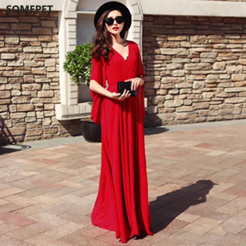 

Summer Temperament Vestido Slim Chiffon Long White Beach Bodycon Dress Women Sexy Deep V-neck Black Dress Ropa De Mujer