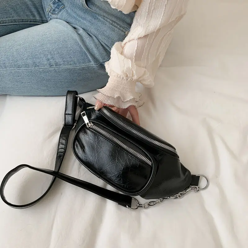 

Crossten Waist Bag Fashion Leather Belt Chest Bag Chain Fanny Packs Women Black Solid Double Zipper Banana BumBag Phone Pouch