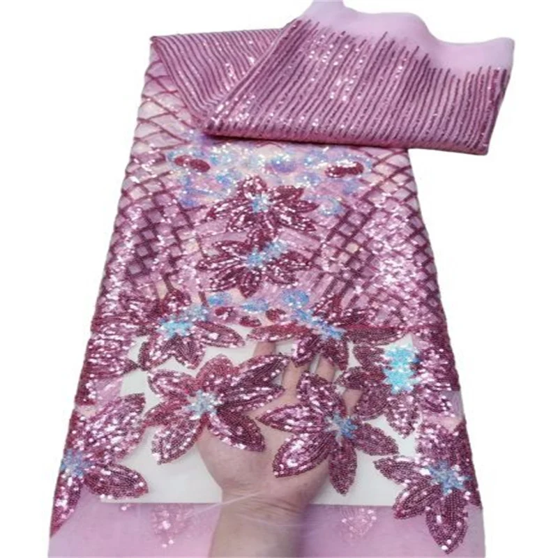 

African Net Lace Fabric 2020 Baby pink High Quality Lace French Nigerian Mesh Sequins Lace Fabrics For Wedding Dress Sewing