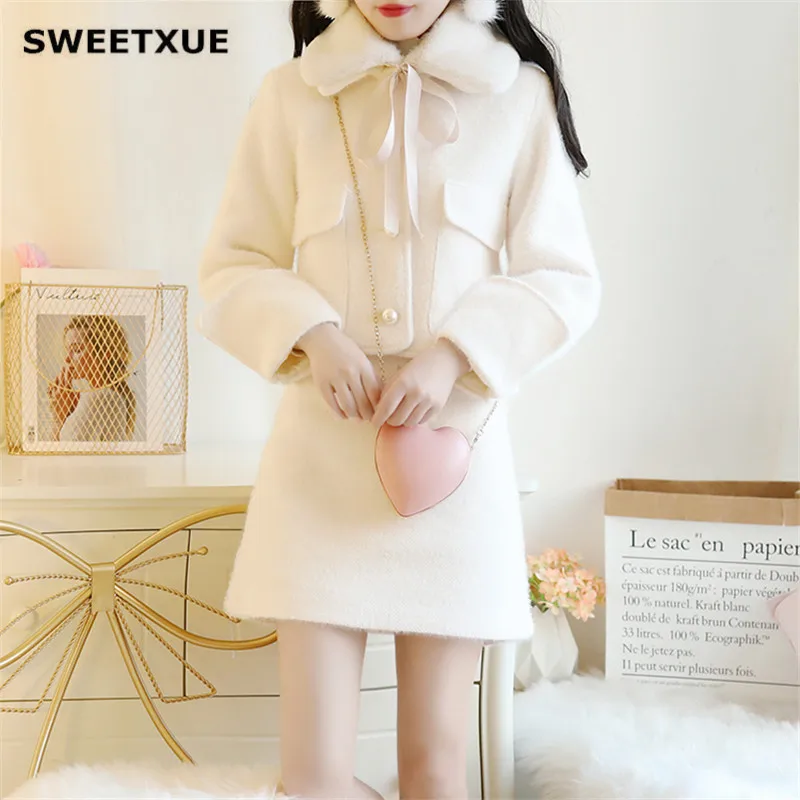 SWEETXUE костюм с мини-юбкой, Воротник из овечьей шерсти, бант, шнуровка, карман, топ+ Однотонная юбка Kawaii, милый комплект из 2 предметов, женский, зима
