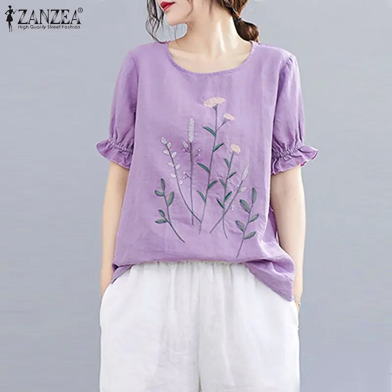 

Женская Повседневная Туника с цветочным принтом, хлопковая блузка оверсайз с круглым вырезом и рукавами-фонариками, с вышивкой в стиле ретр...