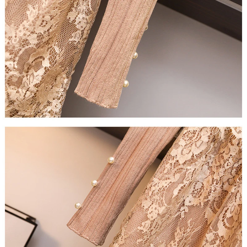 Осенне зимнее новое платье для женщин с длинным рукавом длинное кружевное свитер