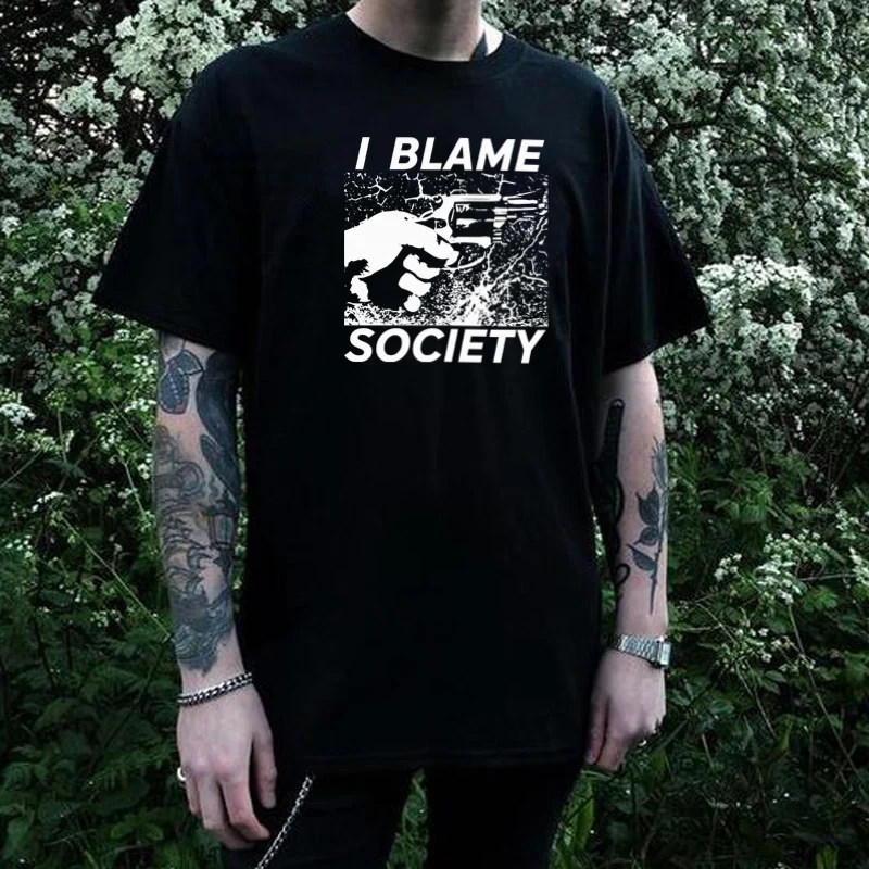 Kuakuayu HJN I Blame Society Mens T-Shirt Grunge Punk Style Streetwear Tshirt Summer Cotton Tee 90s Fashion Gothic Top