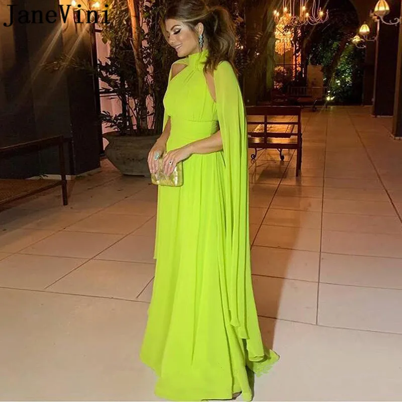 

JaneVini Lebanon Long Evening Dresses with Cape Arabic High Neck Light Green Chiffon Women Formal Gown Avondjurk Lang Elegant