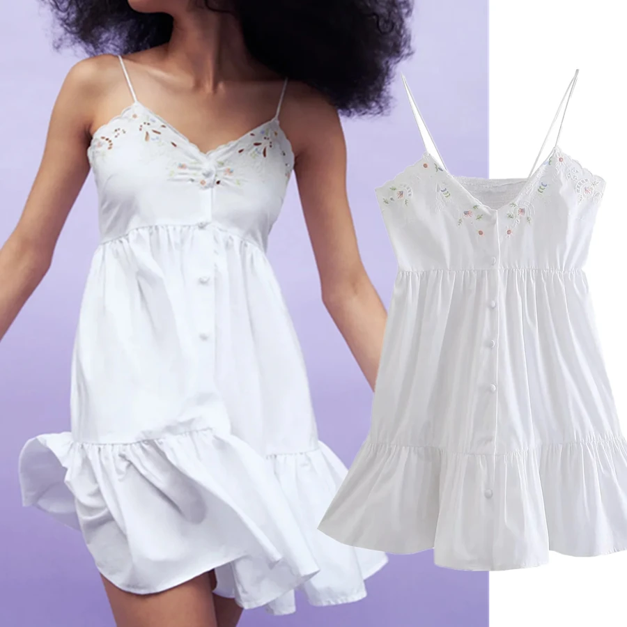 

Elmsk Ins Fashion Dress Women Blogger Vintage Indie Folk Vintage Floral Embroidery Spaghetti Strapless Party Summer Vestidos