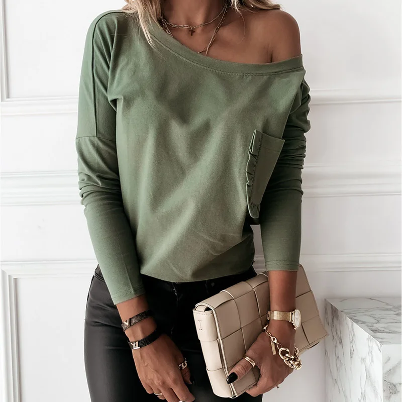 

Fashion Women O Neck Long Sleeves T-shirt Tops Autumn Winter Casual Solid Color Pocket T-shirts Elegant Slim Bottoming Shirt Top