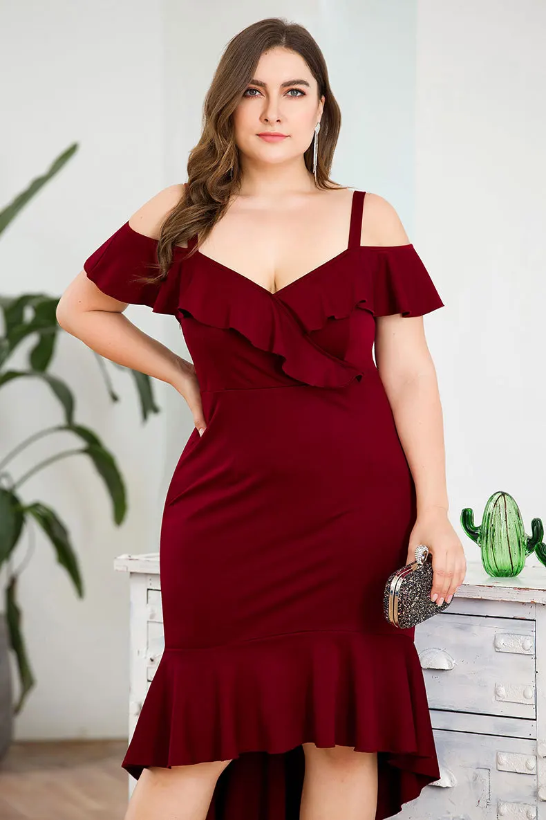 Plus Size Party Slip Dress Spaghetti Strap V-neck Short Sleeve Ruffled Mermaid Maxi Vestido Burgundy Bodycon | Женская одежда