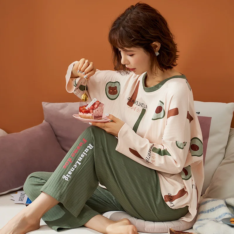 

Autumn Winter Pajama Set Sweet Lovely Loungewear Cotton Sleepwear Pius Size Green Long Pants Avocado Pattern Women Nightwear