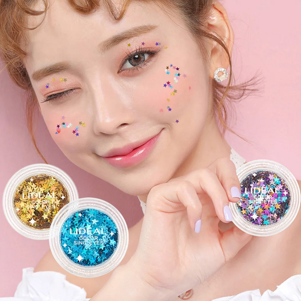 

6 Pcs Colorful Cosmetic Glitter Makeup Five-pointedStarDecoration for Festival Beauty Body Face Nail Hair Eyes or Lips DIY Cra