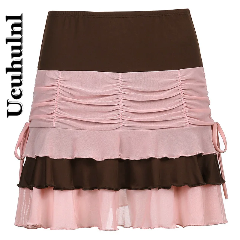 

Ucuhulnl Aesthetic Double Layer Mesh Pleated Skirts Women High Waist Short Skirt Streetwear Cute Ruffles Skirts Club Party