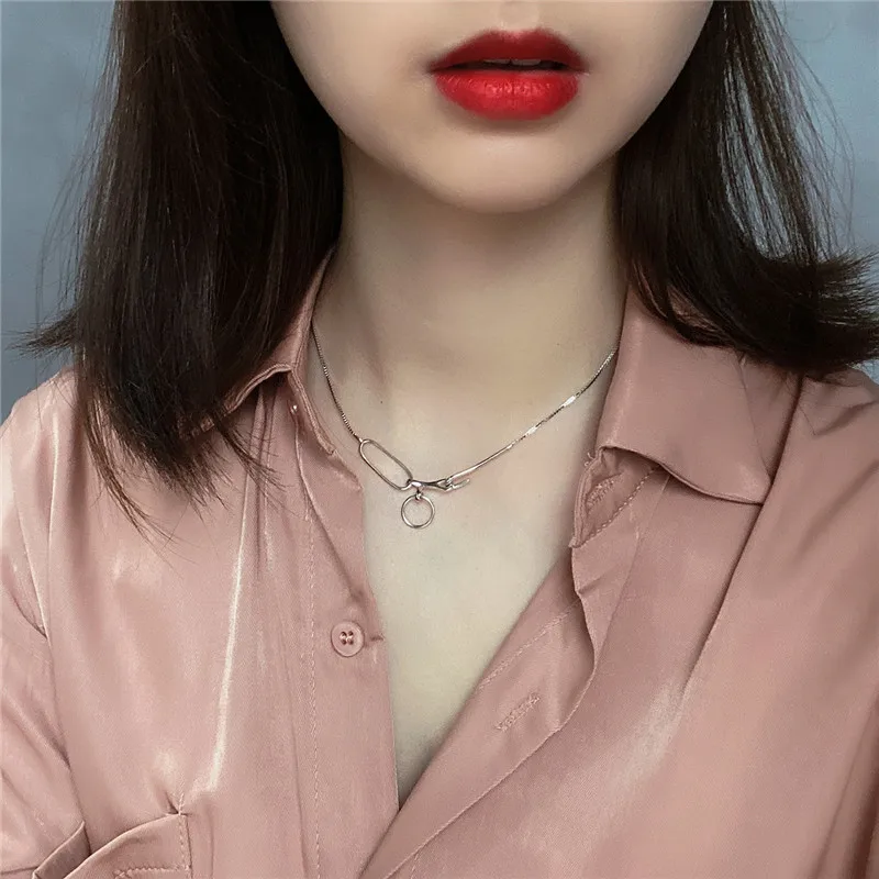 

RUIYI Real 925 Sterling Silver Minimalist Geometric Buckle Necklace Women Exquisite Box Chain Chic Chokers Cute Niche Necklace