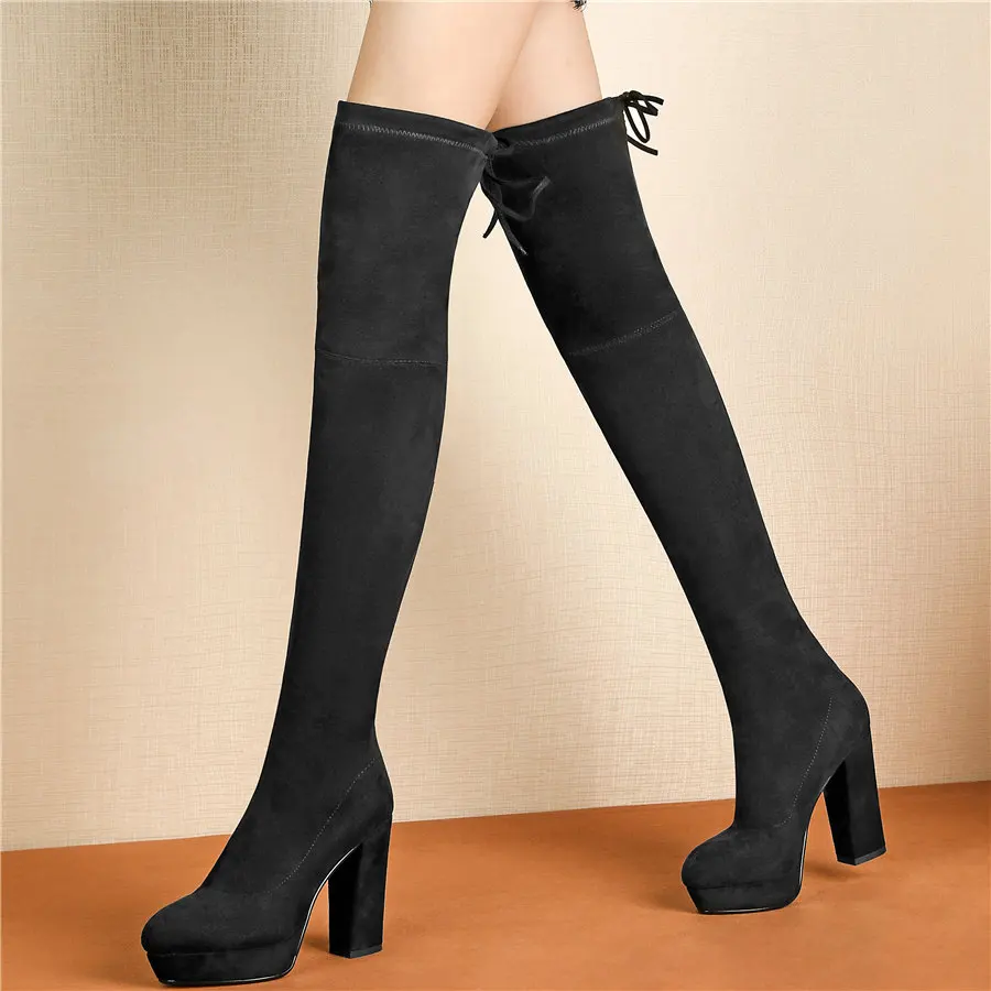 

Women Stretchy Velvet High Heel Slim Leg Over The High Knee High Boots Female Lace Up Pointed Toe Platform Thigh High Pumps Shoe
