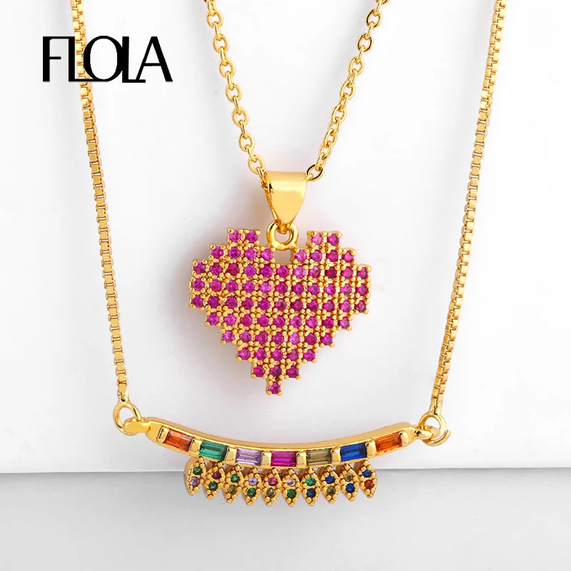 Колье с разноцветными камнями FLOLA CZ длинное Радужное ожерелье подвеской