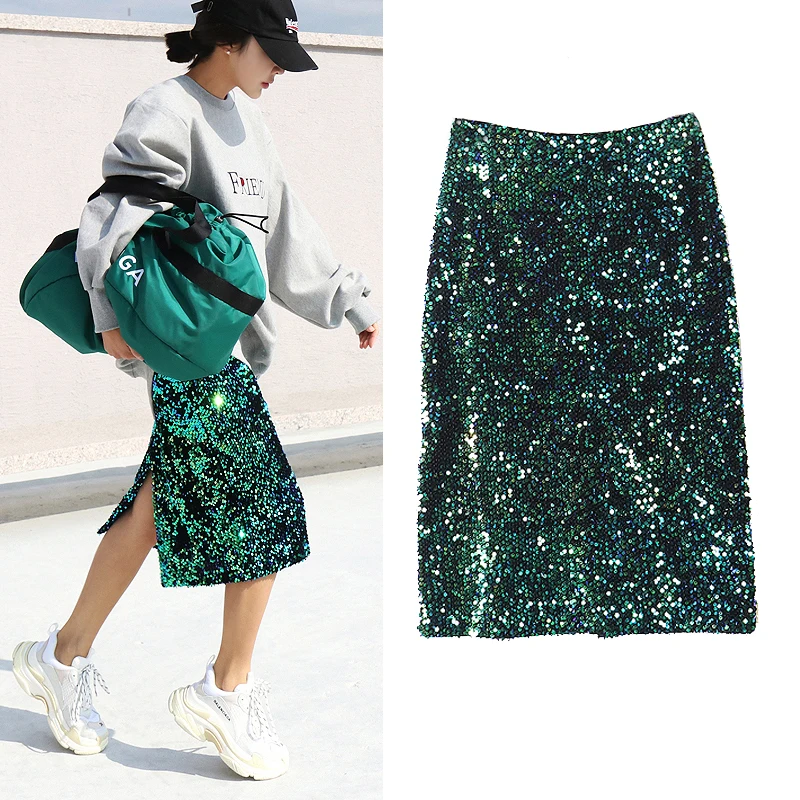 Блестками длинная юбка модные бархатные блесток Разделение эластичные Модные