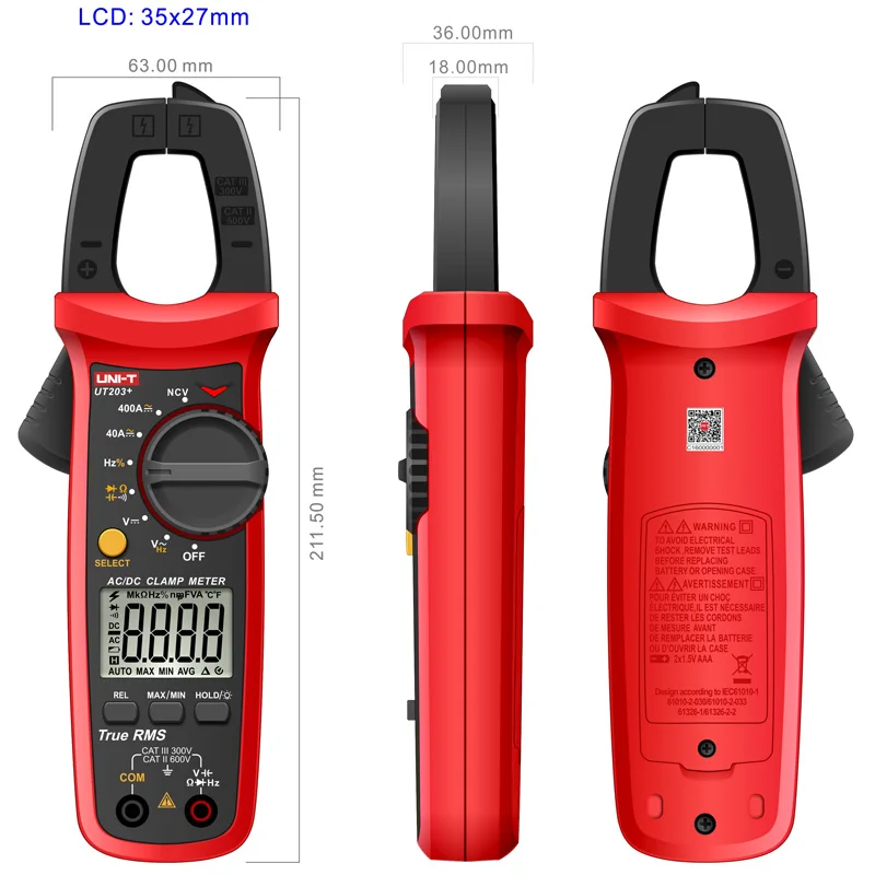 Uni-t UT201+/UT202+/UT203+/UT204+/UT202+ 400-600A цифровой клещи; Автоматический диапазон true RMS высокий прецизионный мультиметр