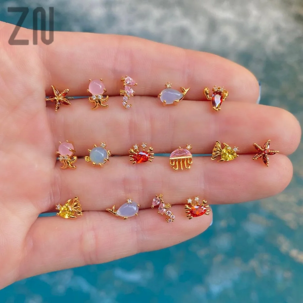 

ZN INS Style Marine Organism Seahorse Dolphin Starfish Octopus Stud Earring Fashion Jewelry Cute Gift Ocean Animal Ear Accessory